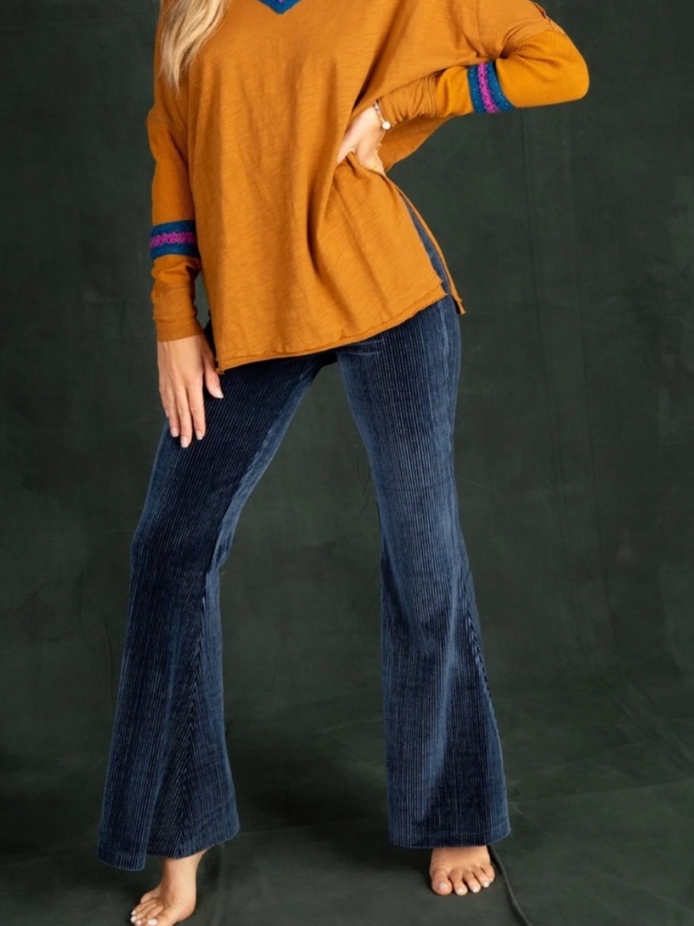 Natural Life Joplin Blue Corded Velvet Flare Pants Size Large Boho